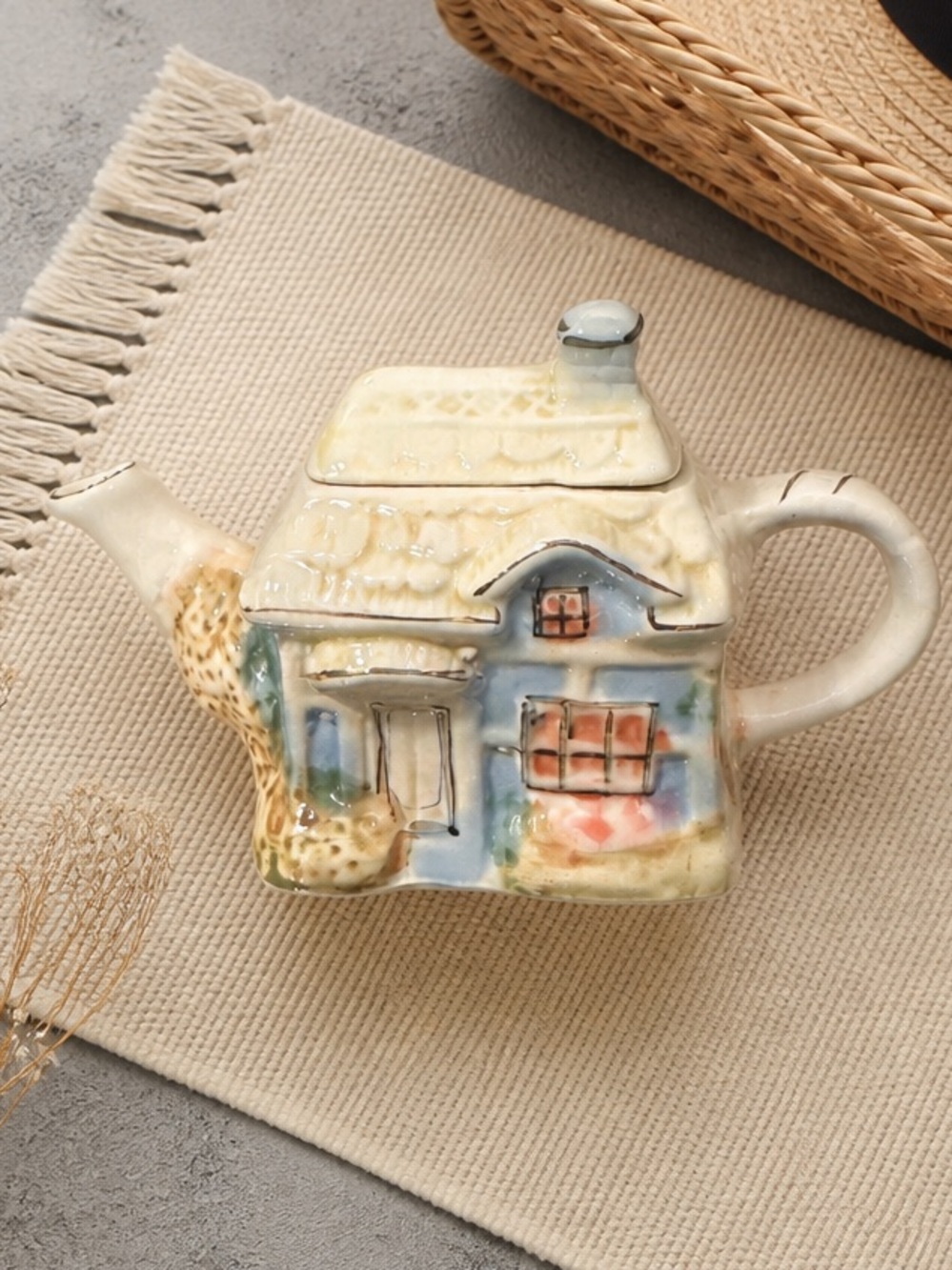 Handcrafted Cottage-Shaped mini Ceramic Teapot in Cream, Blue, Pink